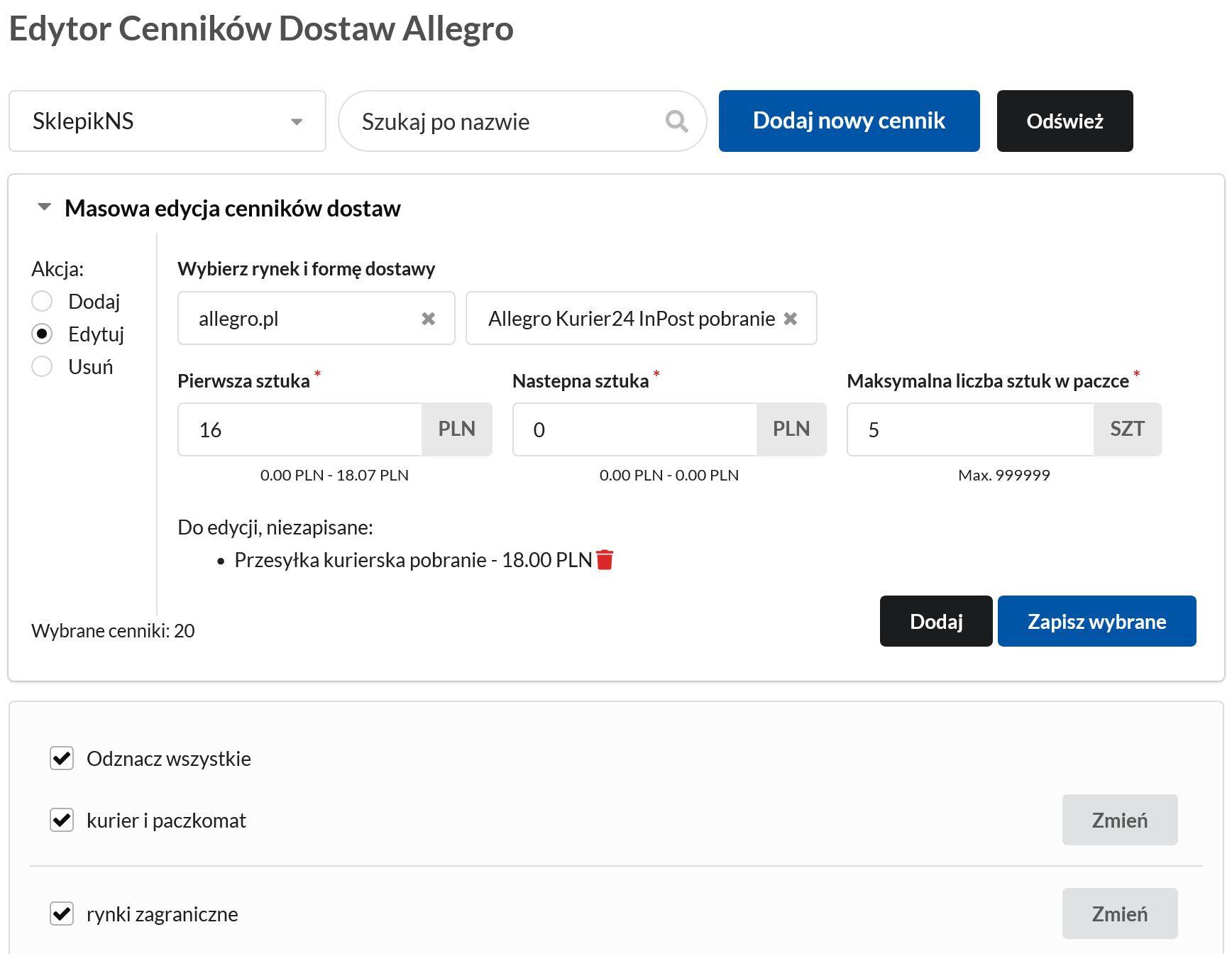 Edytor Cenników Dostaw Allegro