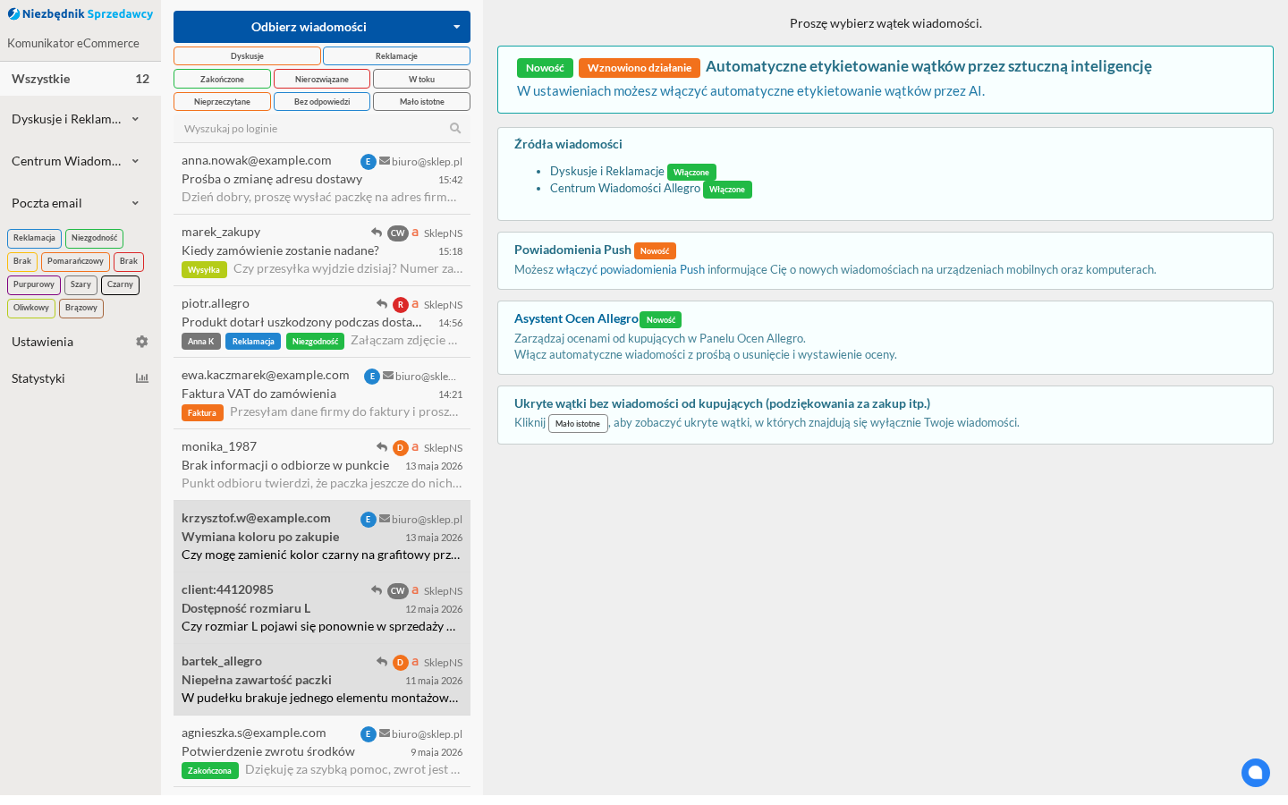 Lista wątków Komunikatora eCommerce