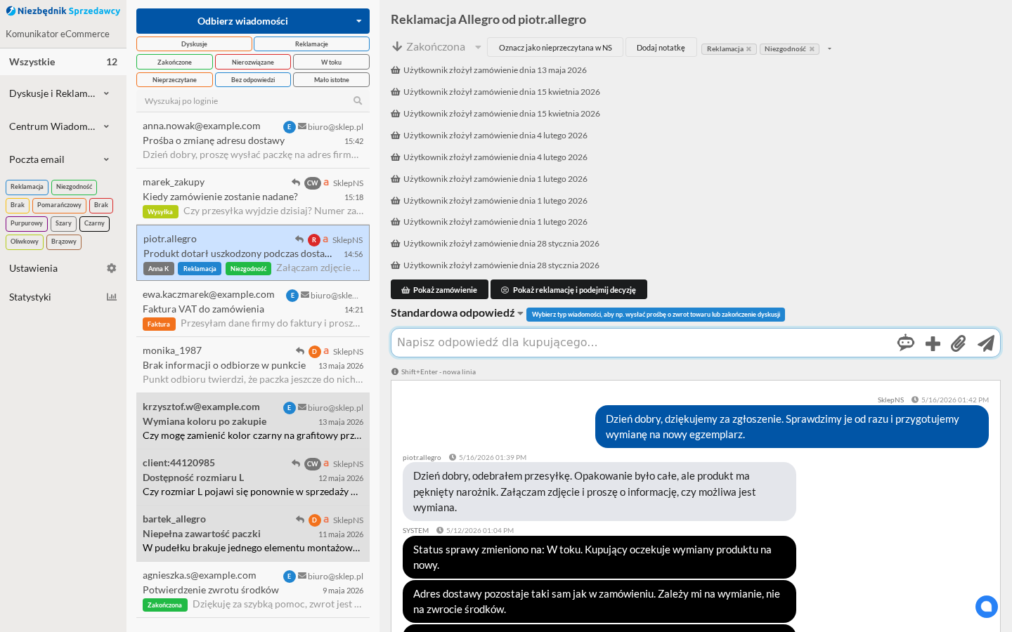 Wątek Komunikatora eCommerce z etykietami i akcjami