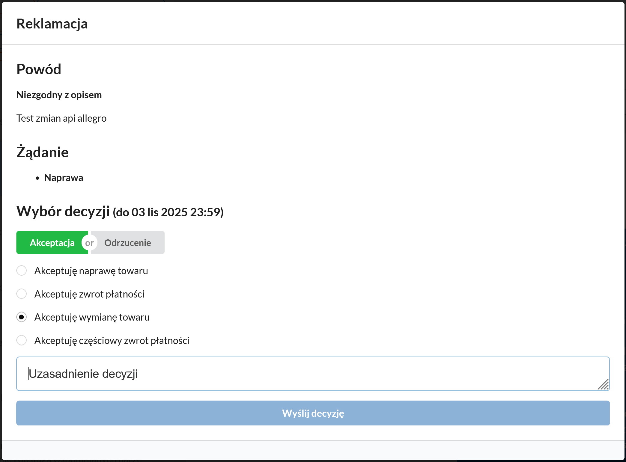 Podjęcie decyzji przez sprzedawcę w reklamacji Allegro