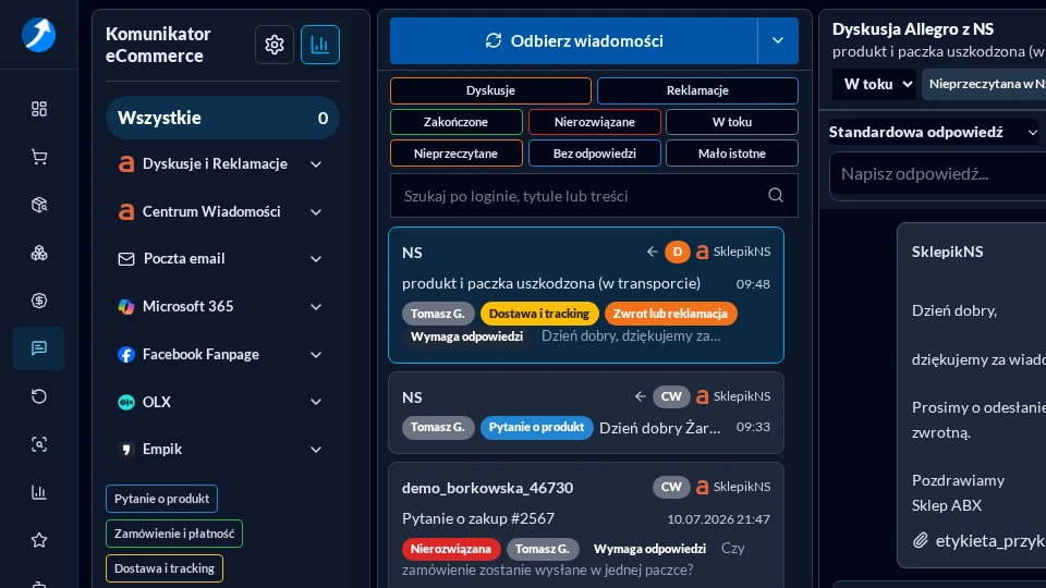 Nowy Komunikator z listą kanałów i wiadomości w ciemnym motywie