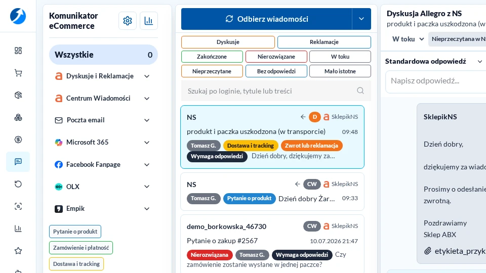 Nowy Komunikator z listą kanałów i wiadomości w jasnym motywie
