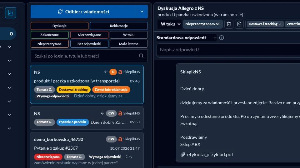 Filtry, wyszukiwarka i etykiety nowego Komunikatora w ciemnym motywie
