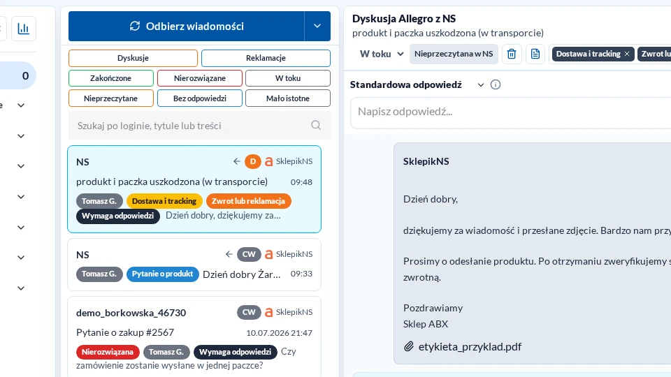 Filtry, wyszukiwarka i etykiety nowego Komunikatora w jasnym motywie