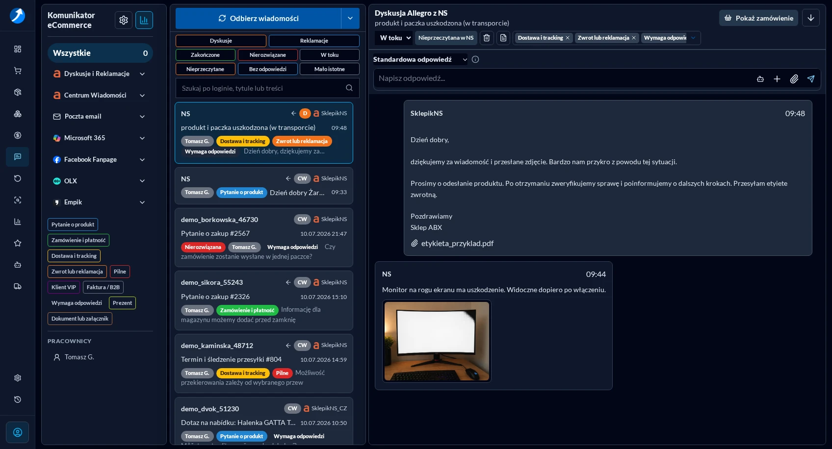 Komunikator eCommerce w ciemnym motywie z otwartą Dyskusją Allegro