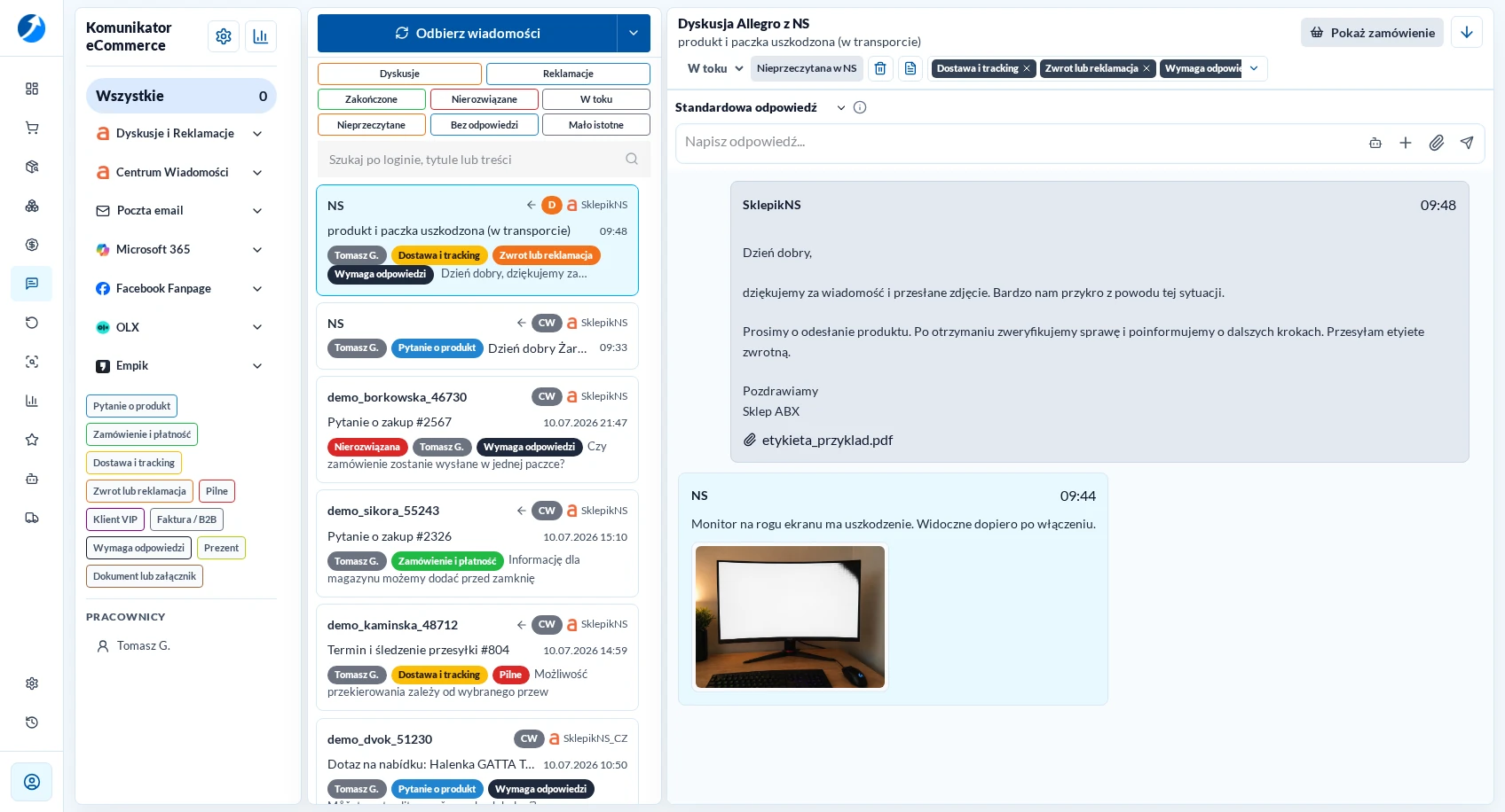 Komunikator eCommerce w jasnym motywie z otwartą Dyskusją Allegro