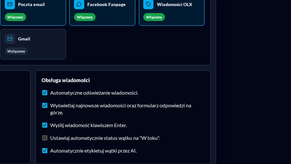 Kanały i ustawienia obsługi wiadomości nowego Komunikatora w ciemnym motywie