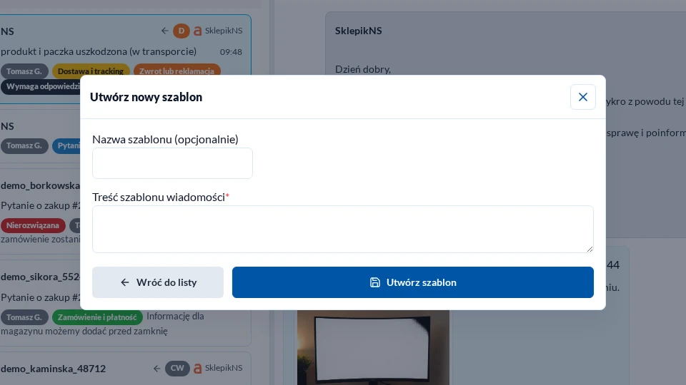 Pusty formularz tworzenia szablonu w nowym Komunikatorze w jasnym motywie
