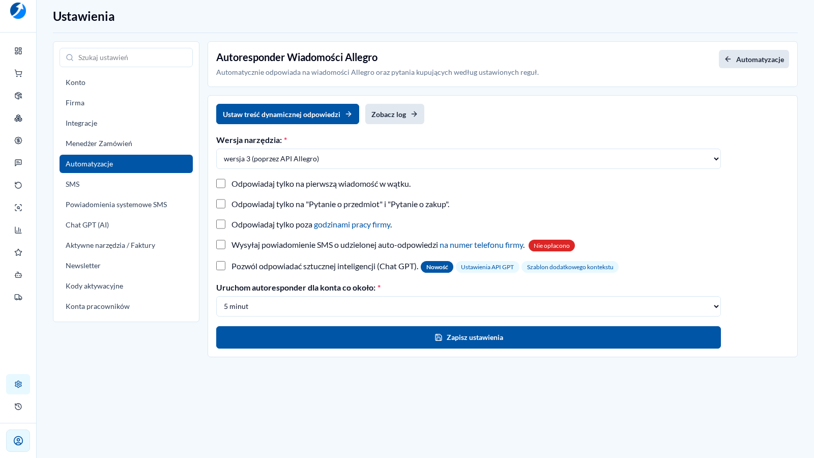 Ustawienia Autorespondera Wiadomości Allegro w jasnym motywie