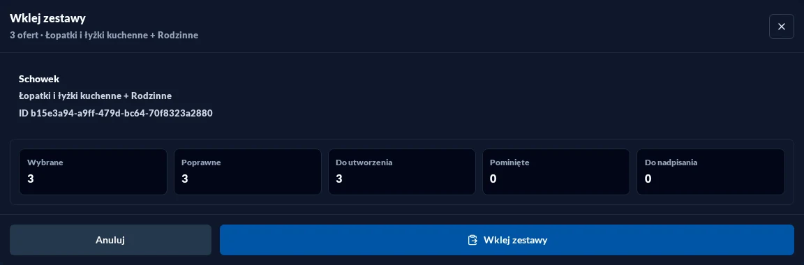 Podgląd wklejania zestawów w ciemnym motywie