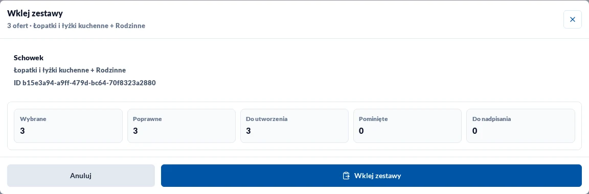 Podgląd wklejania zestawów w jasnym motywie