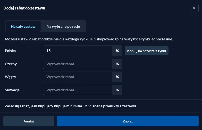 Konfiguracja rabatu zestawu w ciemnym motywie