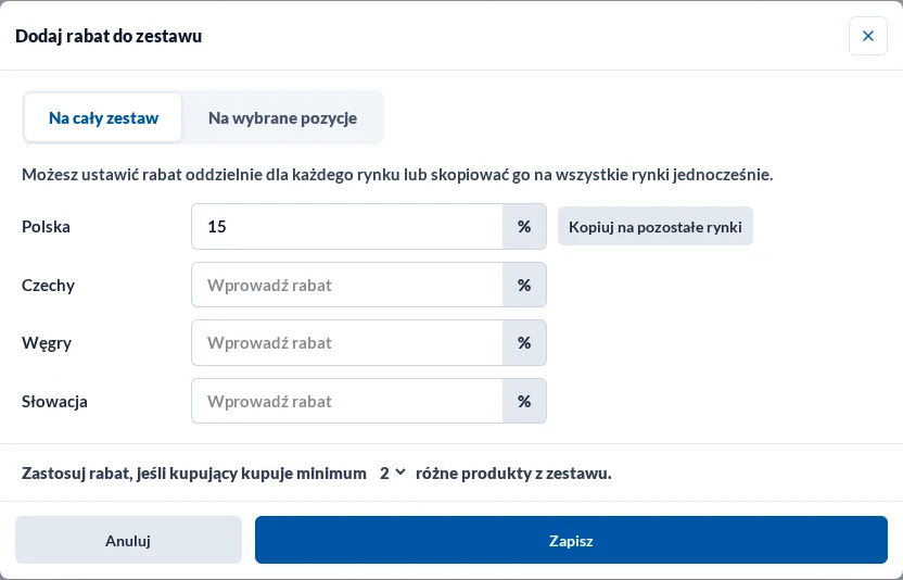 Konfiguracja rabatu zestawu w jasnym motywie