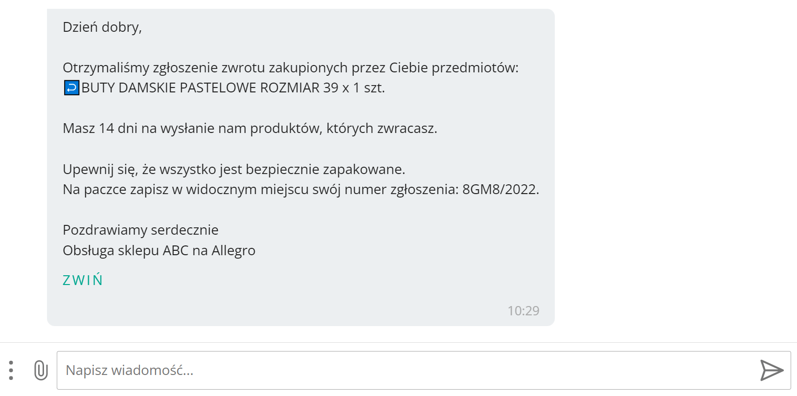 Automatyczna odpowiedź na zgłoszony zwrot Allegro
