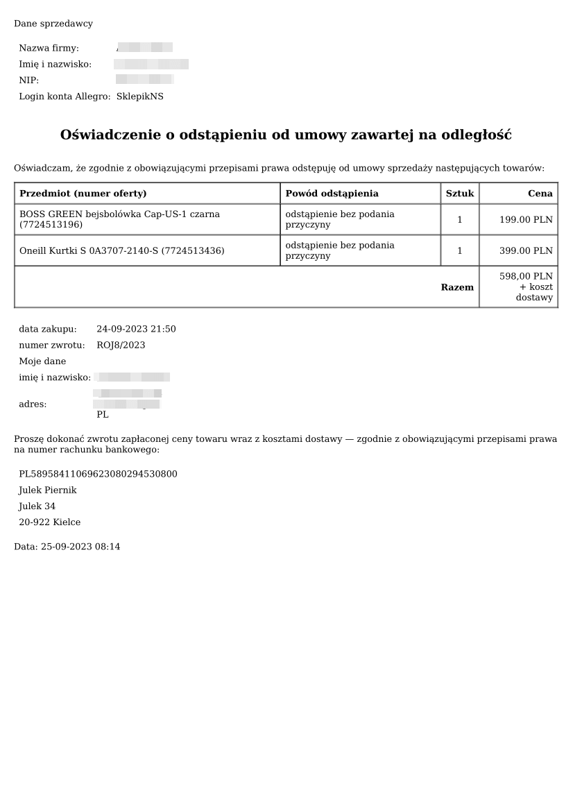 Formularz odstąpienia od umowy zawartej na odległość