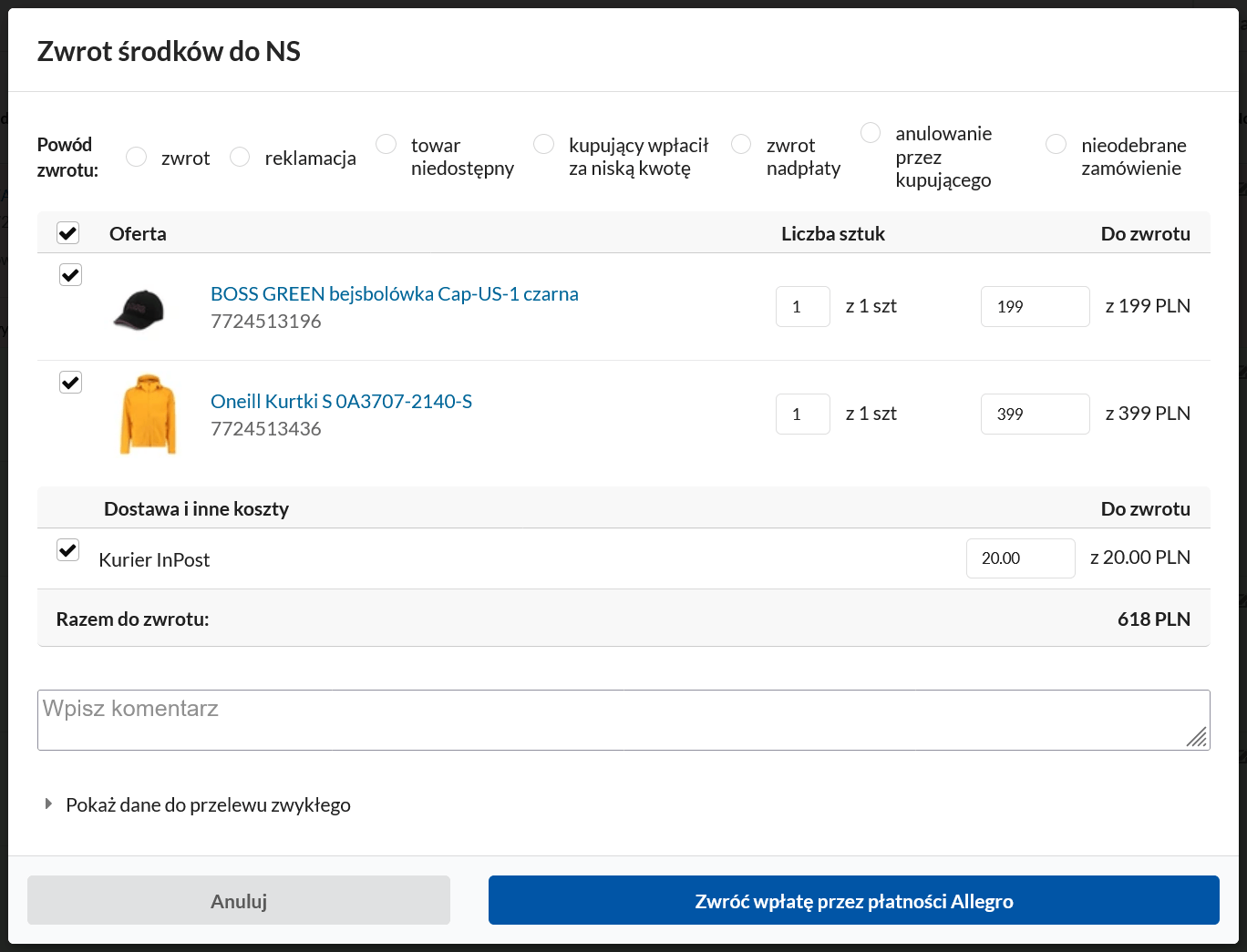 Zwrot wpłaty Allegro