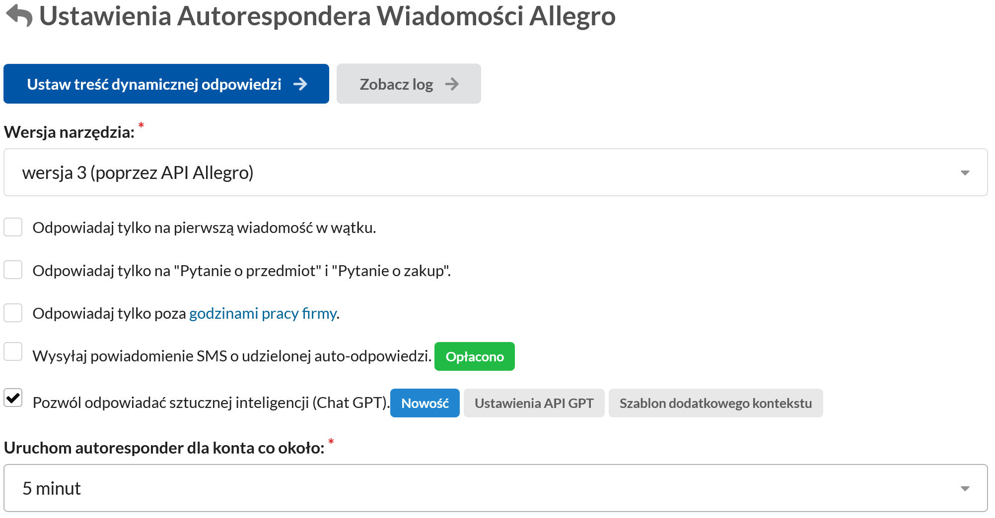 Ustawienia Autorespondera wiadomości Allegro