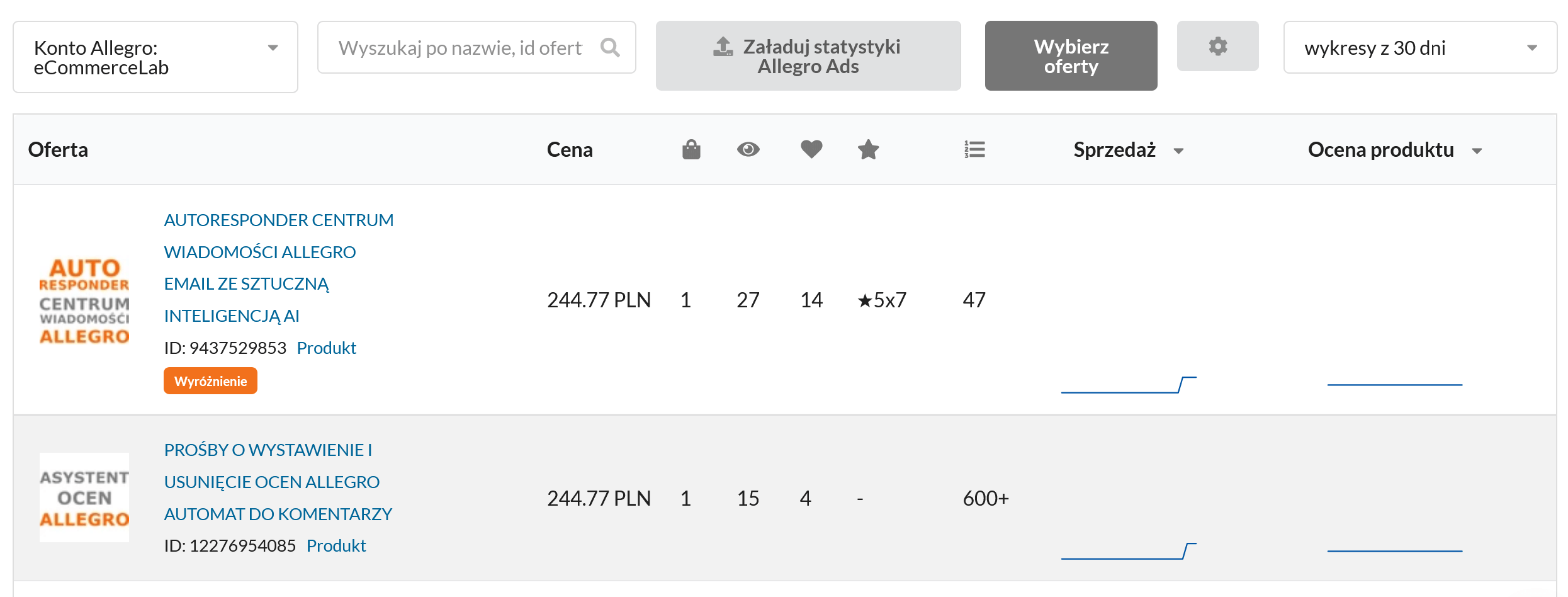 Skenovanie ponúk Allegro - zoznam ponúk