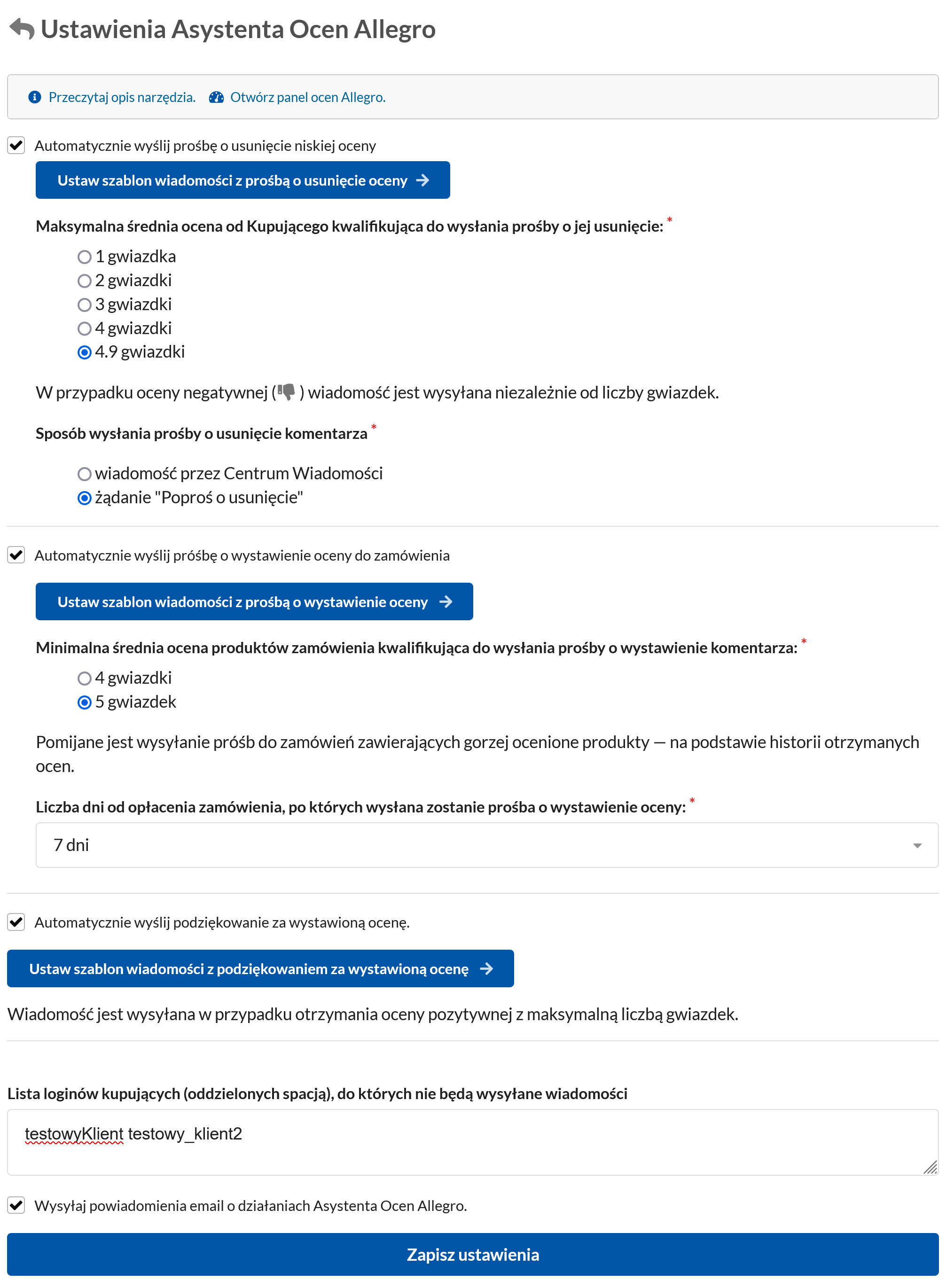 Ustawienia Asystenta Ocen Allegro