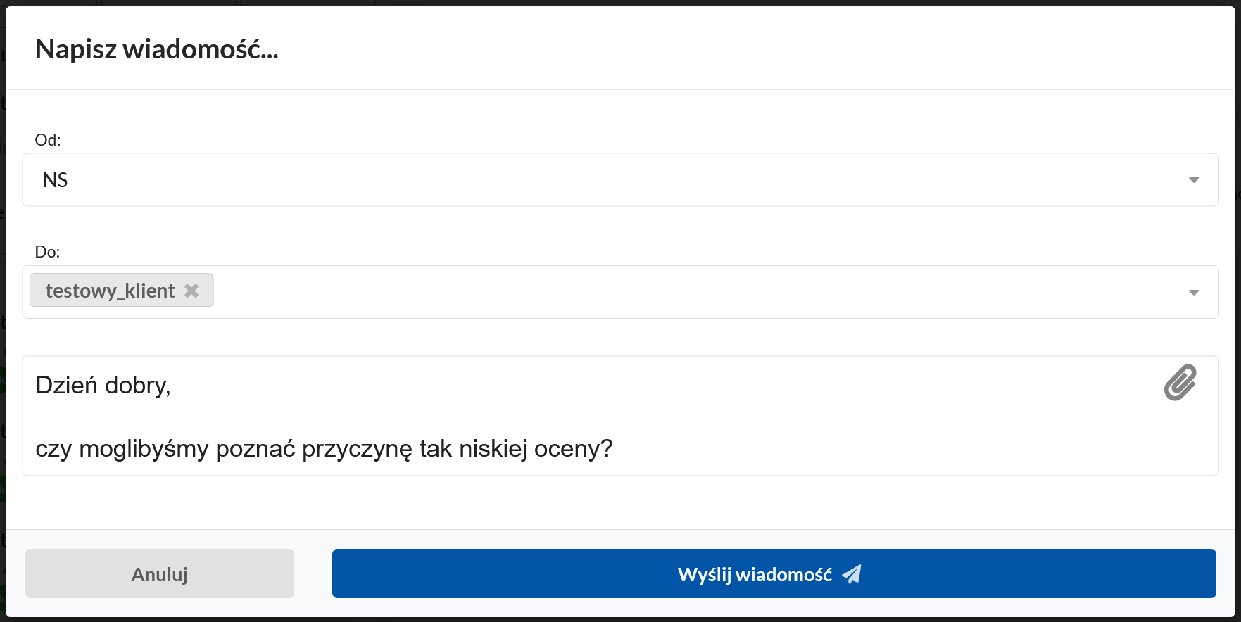 Okno wysłania wiadomości przez Komunikator eCommerce